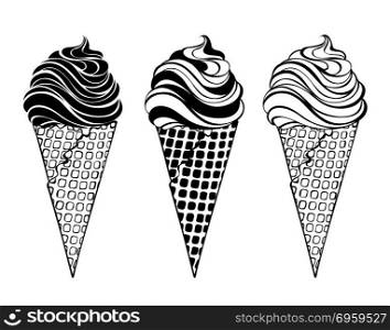 Three contour, stylized, soft frosted waffles with a waffle horn on a white background. Artistic drawing of an ice cream.. three stylized ice cream