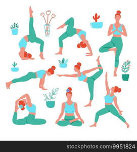 three contours of women in the yoga poses on a beige background. 8 women in the yoga poses on colors sport closes on white background. Trend contemporary poster. Isolated characters.