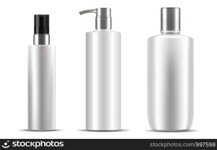 Three cosmetic bottles set in white color. Clean design easy to use. Different type of Jars with silver plastic caps. Dispenser pump, spray lids. Eps vector easy to modify color and put your label in it.. Cosmetic bottles set in white color. Clean design
