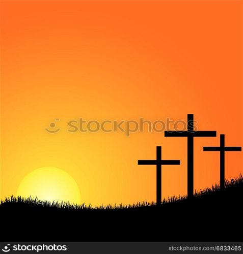 Three crosses on a hill vector. Crosses silhouette in the top of a mountain at sunset