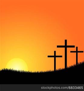 Three crosses on a hill vector. Crosses silhouette in the top of a mountain at sunset