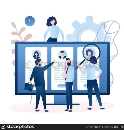 Three cv resume on monitor screen. Business people looking for workers and hiring, recruiting concept. Office people characters in various poses. Trendy style vector illustration