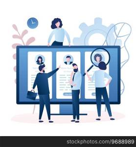 Three cv resume on monitor screen. Business people looking for workers and hiring, recruiting concept. Office people characters in various poses. Trendy style vector illustration