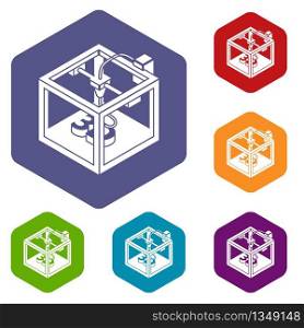 Three d printer icons vector colorful hexahedron set collection isolated on white. Three d printer icons vector hexahedron