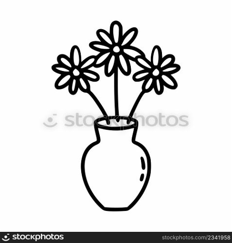 Three daisies in vase. Vector doodle illustration. Postcard decor element. Lovely flowers.