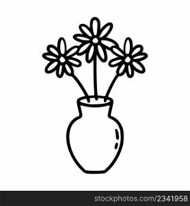 Three daisies in vase. Vector doodle illustration. Postcard decor element. Lovely flowers.