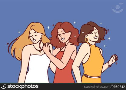 Three dancing women in evening dresses participate in birthday party or disco. Girls in elegant carnival clothes enjoy visiting bachelorette party with energetic dancing and loud music. Three dancing women in evening dresses participate in birthday party or dance festival