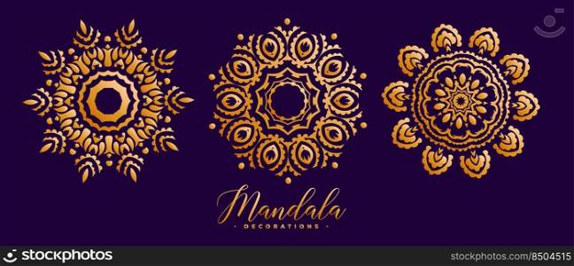 three decorative golden mandala pattern set