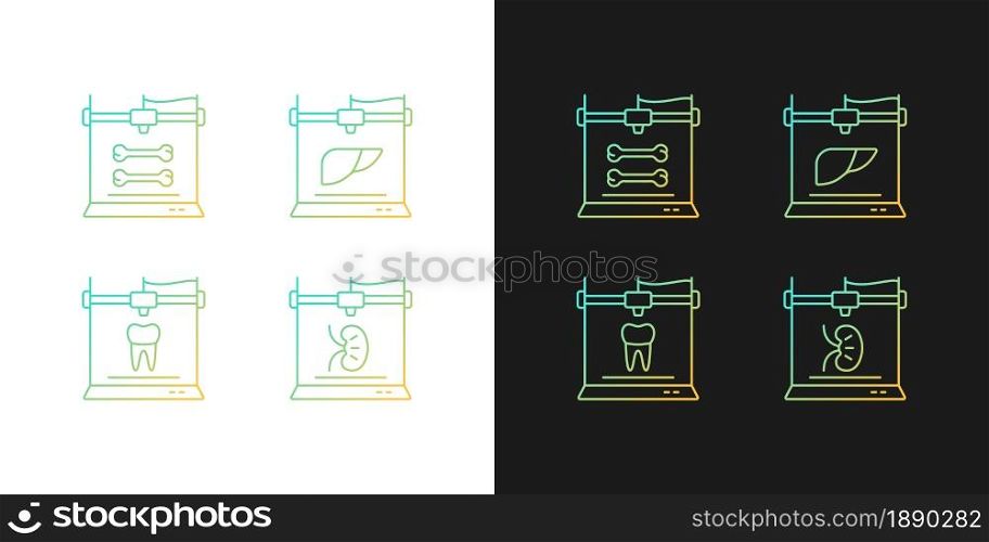 Three dimensional bioprinting gradient icons set for dark and light mode. Dental implants. Thin line contour symbols bundle. Isolated vector outline illustrations collection on black and white. Three dimensional bioprinting gradient icons set for dark and light mode