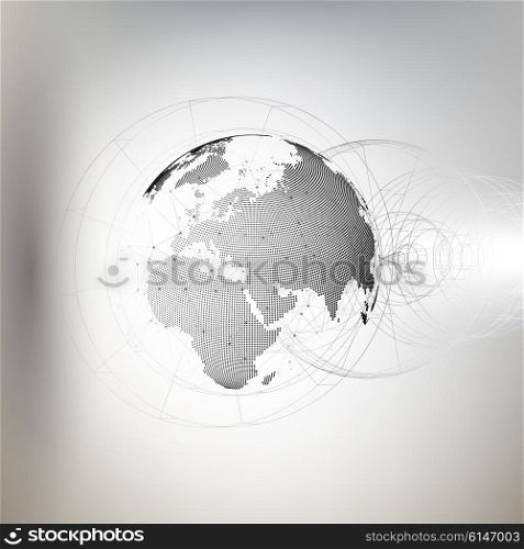 Three-dimensional dotted world globe with abstract construction and molecules on gray background, low poly design vector illustration.