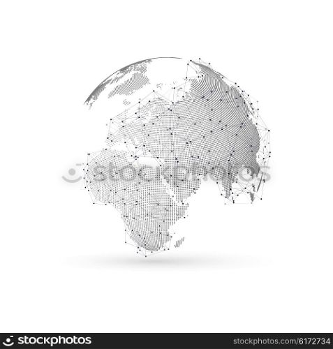 Three-dimensional dotted world globe with abstract construction and molecules on white background, low poly design vector illustration.