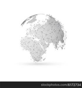 Three-dimensional dotted world globe with abstract construction and molecules on white background, low poly design vector illustration.
