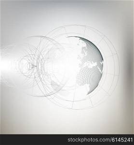 Three-dimensional dotted world globe with abstract construction on gray background, vector illustration.