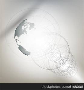 Three-dimensional dotted world globe with abstract construction on gray background, vector illustration.