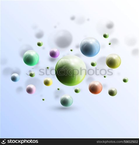 Three dimensional glowing color spheres on blue background. Abstract colorful design. Scientific, medical template for banner or flyer.