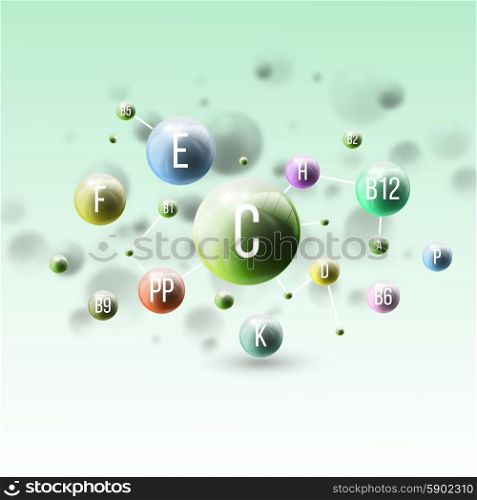 Three dimensional glowing color spheres on green background. Abstract colorful design of vitamins. Scientific or medical template for banner or flyer.