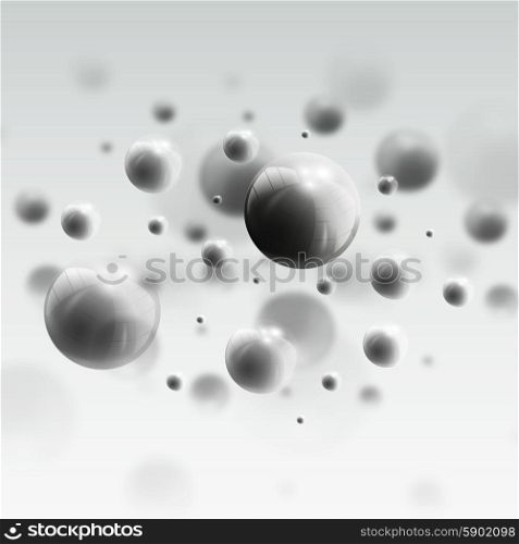 Three dimensional glowing steel spheres, gray background. Abstract molecules design. Scientific background for banner or flyer.