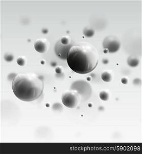 Three dimensional glowing steel spheres, gray background. Abstract molecules design. Scientific background for banner or flyer.