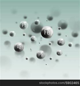 Three dimensional glowing steel spheres, gray background. Abstract molecules design of metals. Scientific background for banner or flyer.