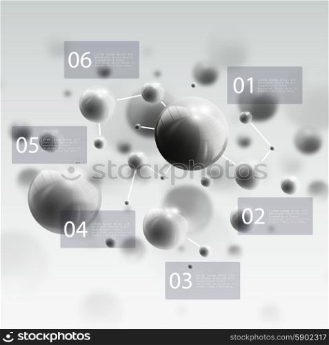 Three dimensional glowing steel spheres, gray background. Abstract molecules design. Scientific infographic design.