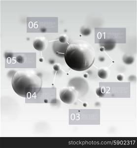 Three dimensional glowing steel spheres, gray background. Abstract molecules design. Scientific infographic design.