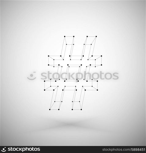 Three dimensional mesh stylish hashtag sign on white background, single color clear vector.