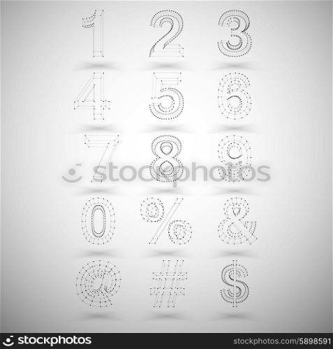 Three dimensional mesh stylish numbers and other symbols on white background, single color clear vector.