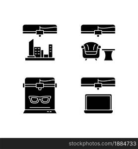 Three dimensional objects production black glyph icons set on white space. 3d city model. Furniture industry. Electronics fabrication process. Silhouette symbols. Vector isolated illustration. Three dimensional objects production black glyph icons set on white space