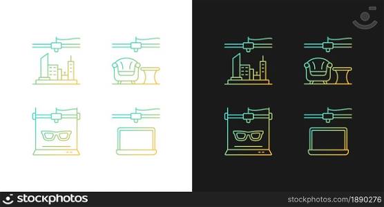 Three dimensional objects production gradient icons set for dark and light mode. 3d city model. Thin line contour symbols bundle. Isolated vector outline illustrations collection on black and white. Three dimensional objects production gradient icons set for dark and light mode