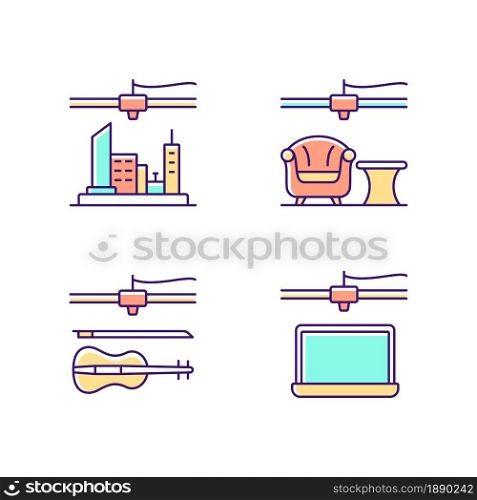 Three dimensional objects production RGB color icons set. 3d city model. Furniture industry. Electronics fabrication process. Isolated vector illustrations. Simple filled line drawings collection. Three dimensional objects production RGB color icons set