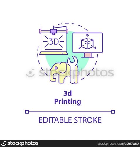 Three dimensional printing concept icon. Additive manufacturing. Business subsector abstract idea thin line illustration. Isolated outline drawing. Editable stroke. Arial, Myriad Pro-Bold fonts used. Three dimensional printing concept icon