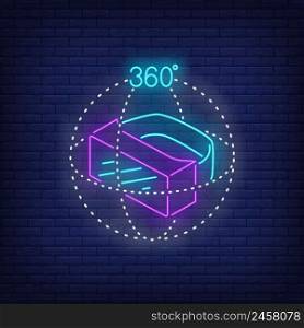 Three dimensional virtual reality headset neon sign. Technology, innovation, gaming design. Night bright neon sign, colorful billboard, light banner. Vector illustration in neon style.