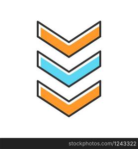 Three down arrows blue and orange RGB color icon. Vertical scrolling button. Downloading process indicator. Downward direction arrowheads. Scrolldown web cursor. Isolated vector illustration