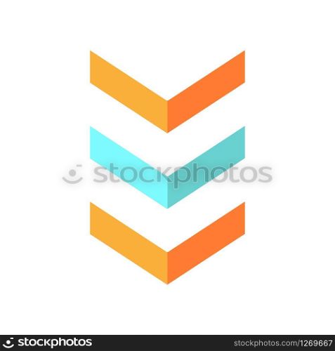 Three down arrows flat design cartoon RGB color icon. Vertical scrolling button. Downloading process indicator. Downward direction arrowheads. Scrolldown web cursor. Vector silhouette illustration