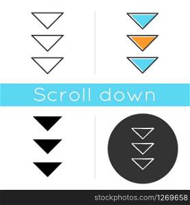 Three down arrows icon. Page browsing vertical direction, download. Scrolldown application menu interface cursor, next button. Linear black and RGB color styles. Isolated vector illustrations