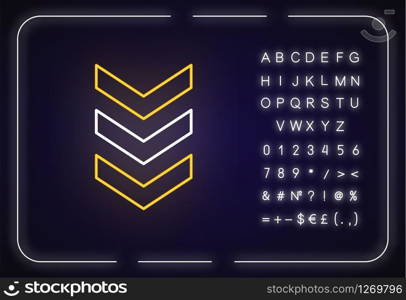 Three down arrows neon light icon. Vertical scrolling button. Downloading process indicator. Outer glowing effect. Sign with alphabet, numbers and symbols. Vector isolated RGB color illustration