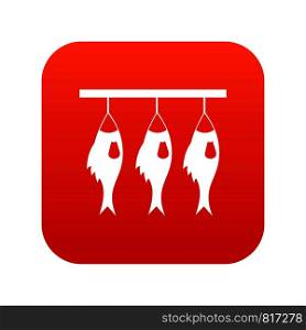 Three dried fish hanging on a rope icon digital red for any design isolated on white vector illustration. Three dried fish hanging on a rope icon digital red