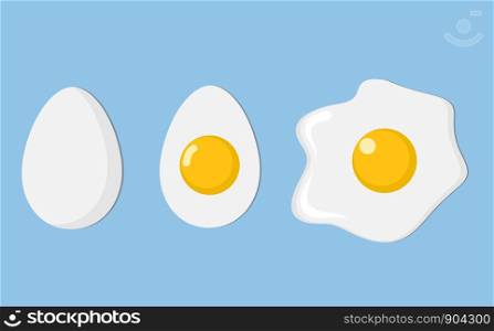 three eggs closeup: egg in shell, half and fried egg with shadow on blue, stock vector illustration
