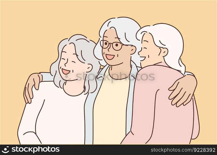 Three elderly women laugh and hug for first time having met after long se¶tion. Elderly white-haired girlfriends relaxing to≥ther enjoying retirement and happy old a≥≤ad active lifesty≤. Three elderly women laugh and hug for first time having met after long se¶tion