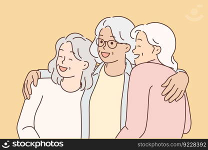 Three elderly women laugh and hug for first time having met after long se¶tion. Elderly white-haired girlfriends relaxing to≥ther enjoying retirement and happy old a≥≤ad active lifesty≤. Three elderly women laugh and hug for first time having met after long se¶tion