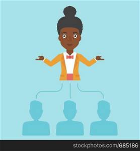 Three employees linked with an african-american business woman. Young business woman choosing employee. Concept of searching for stuff. Vector flat design illustration. Square layout.. Business woman choosing employee.