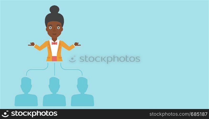 Three employees linked with an african-american business woman. Young business woman choosing employee. Concept of searching for stuff. Vector flat design illustration. Horizontal layout.. Business woman choosing employee.
