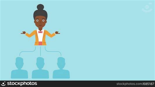 Three employees linked with an african-american business woman. Young business woman choosing employee. Concept of searching for stuff. Vector flat design illustration. Horizontal layout.. Business woman choosing employee.