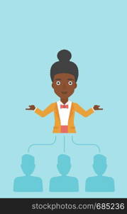 Three employees linked with an african-american business woman. Young business woman choosing employee. Concept of searching for stuff. Vector flat design illustration. Vertical layout.. Business woman choosing employee.