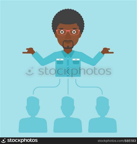 Three employees linked with an african-american businessman. Businessman with the beard choosing employee. Concept of searching for stuff. Vector flat design illustration. Square layout.. Businessman choosing employee.