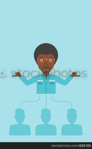 Three employees linked with an african-american businessman. Businessman with the beard choosing employee. Concept of searching for stuff. Vector flat design illustration. Vertical layout.. Businessman choosing employee.