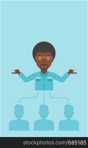 Three employees linked with an african-american businessman. Businessman with the beard choosing employee. Concept of searching for stuff. Vector flat design illustration. Vertical layout.. Businessman choosing employee.