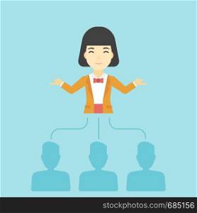 Three employees linked with an asian business woman. Young business woman choosing employee. Concept of searching for stuff. Vector flat design illustration. Square layout.. Business woman choosing employee.