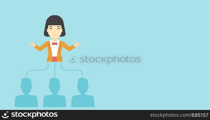Three employees linked with an asian business woman. Young business woman choosing employee. Concept of searching for stuff. Vector flat design illustration. Horizontal layout.. Business woman choosing employee.