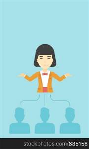 Three employees linked with an asian business woman. Young business woman choosing employee. Concept of searching for stuff. Vector flat design illustration. Vertical layout.. Business woman choosing employee.